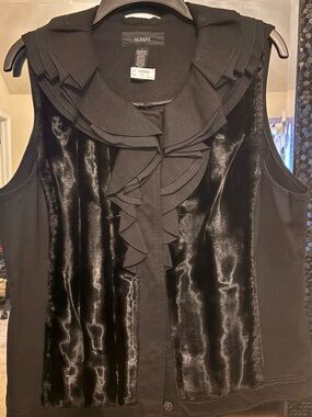 Alfani Black Sleeveless Ruffled Velvet-Panel Blouse